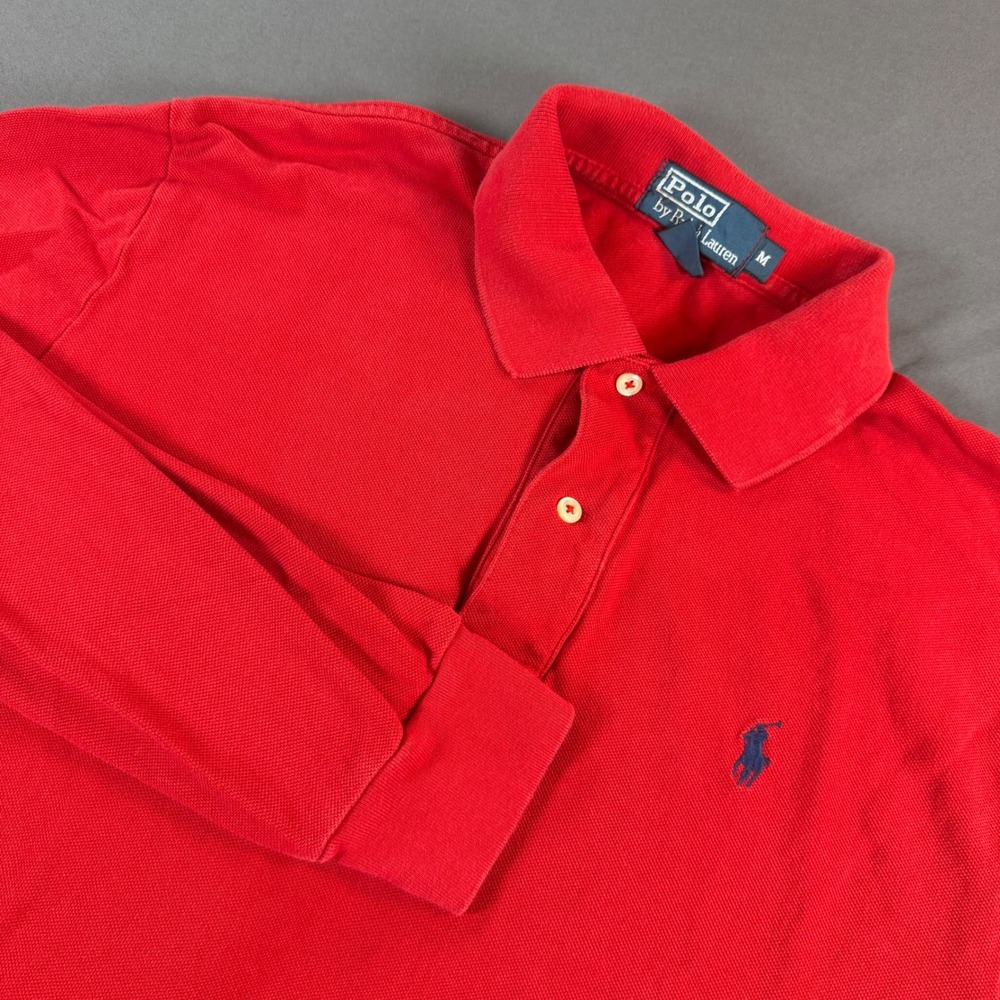 Polo Ralph Lauren Mens Medium Long Sleeve Polo Shirt Red Cotton Pique Pony Logo